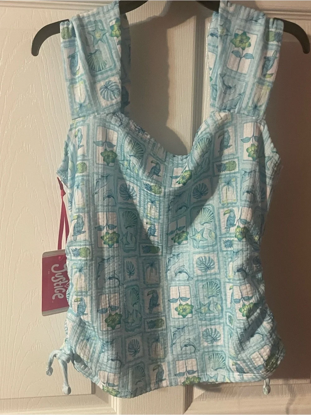 NWT Justice Girls XL 16/18 Teal Tropical Cinch Side Square Neck Top
